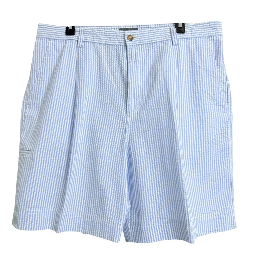 Saddlebred Mens Blue White Seersucker Pleated Shorts Striped Elastic Waist 38